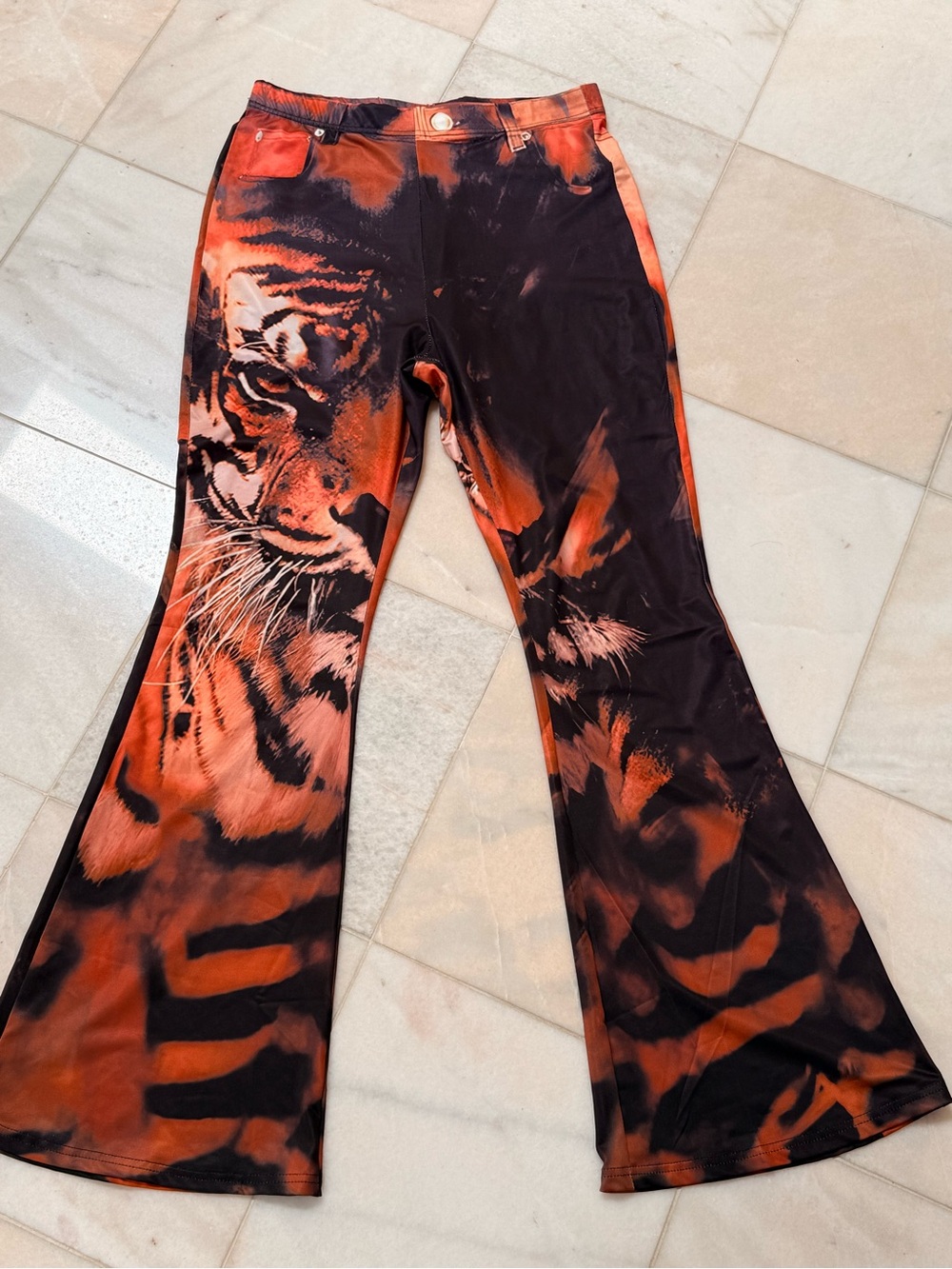 Tiger Print Flared Pants in Black and Orange